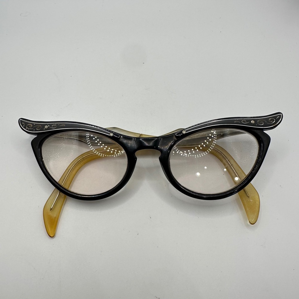 Vintage Black Cat Eye Glasses Rhinestone Silver Scroll Mid Century 50s Frames